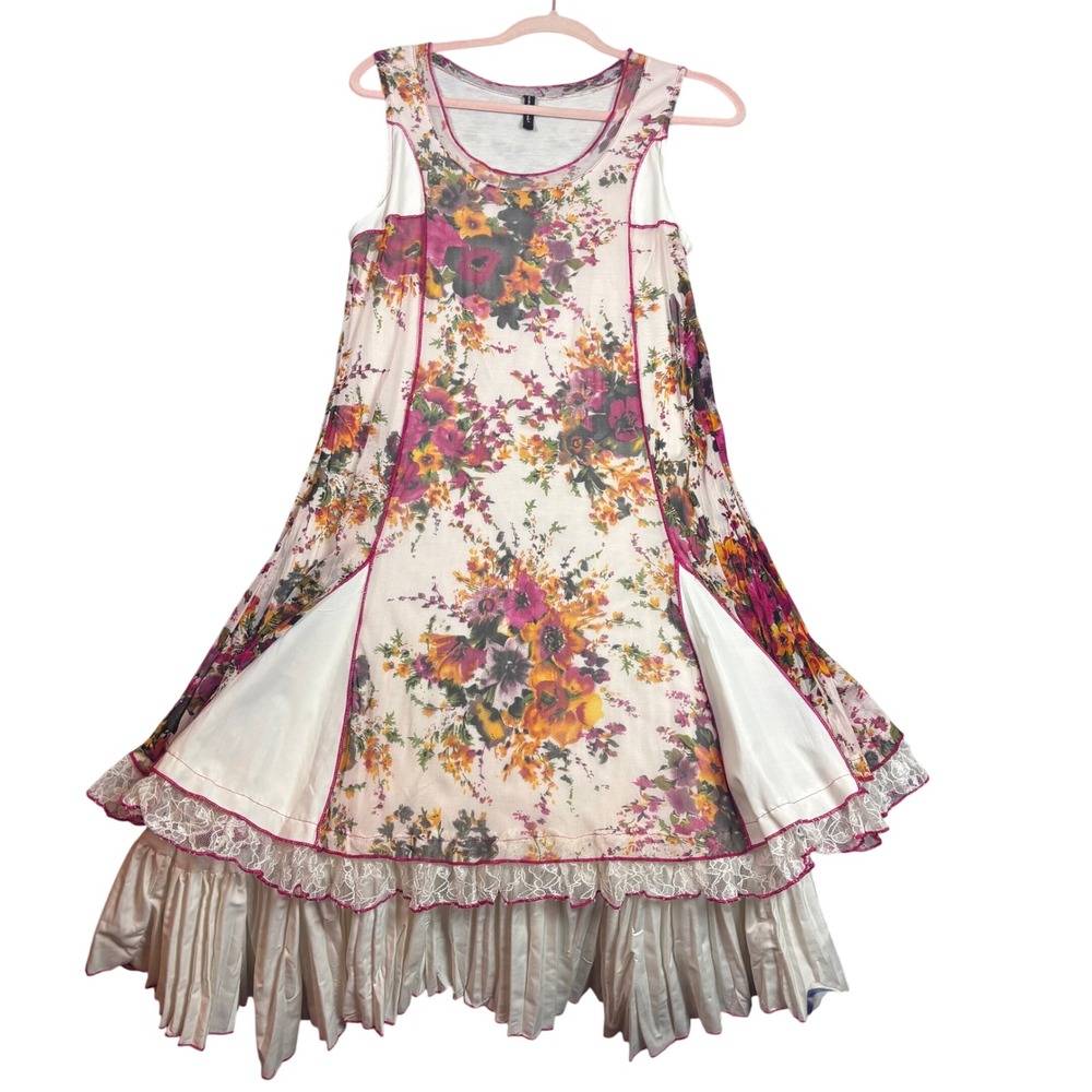 Sacred Threads Sleeveless Dress Women Medium Cream Floral Boho cottagecore